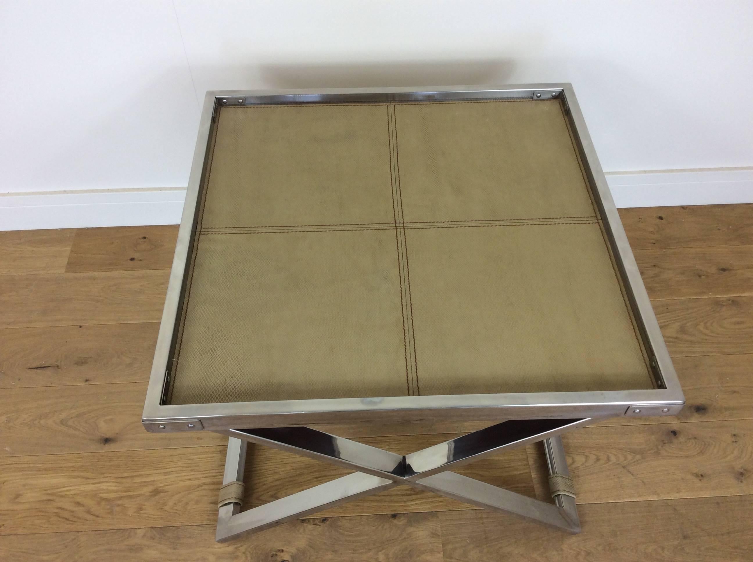 French Midcentury Polished Chrome X-Frame Tables with Inset Shagreen Tops For Sale