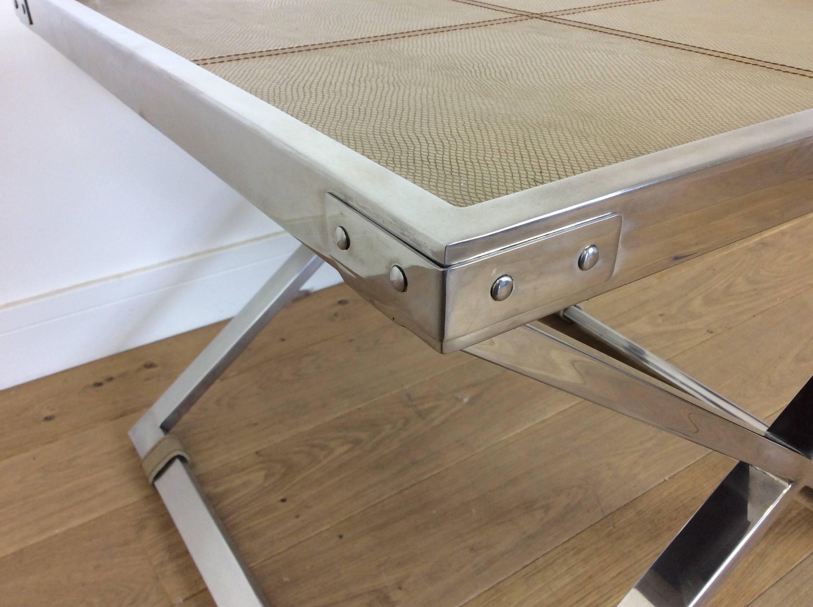 20th Century Midcentury Polished Chrome X-Frame Tables with Inset Shagreen Tops For Sale