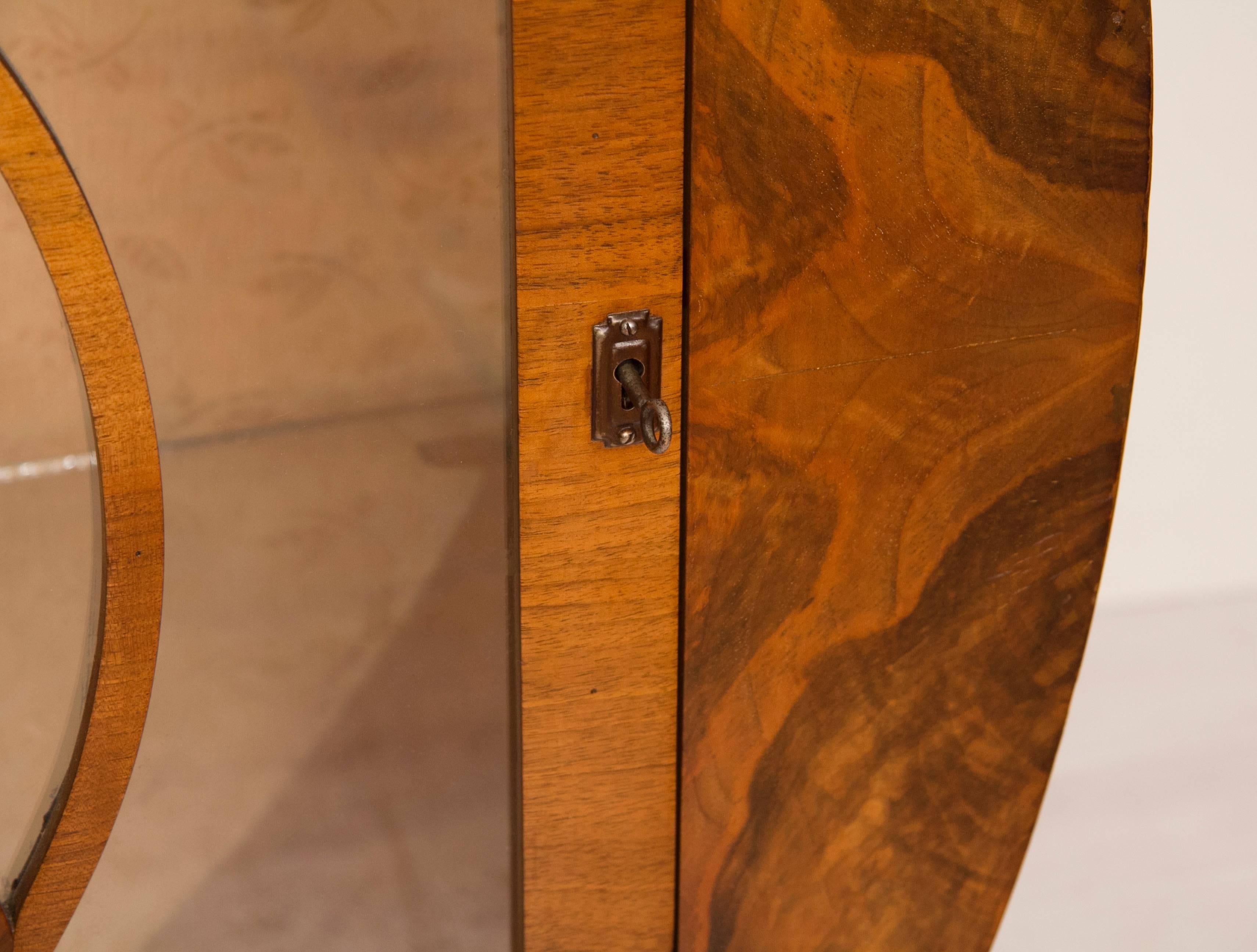 English Art Deco Circular Display Cabinet with Stunning Burr Walnut