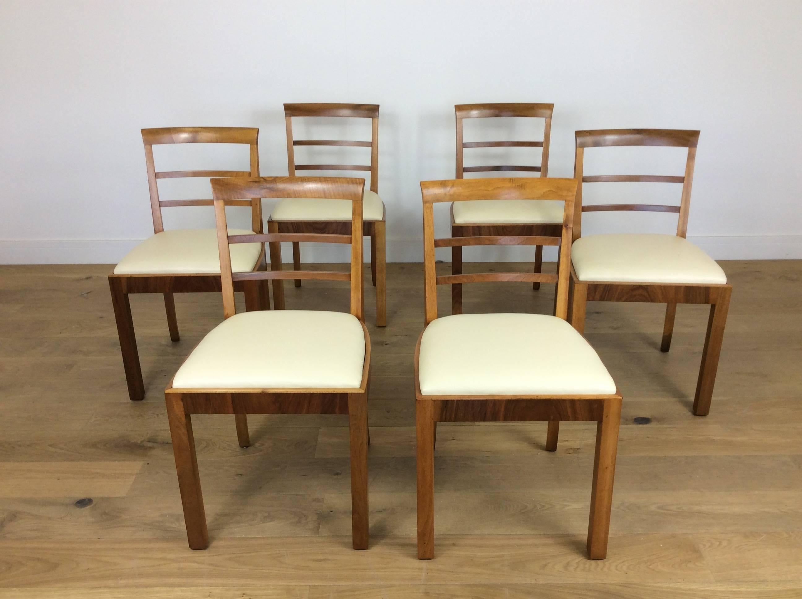 Art Deco dining chairs
A set of six Art Deco walnut dining chairs.
Walnut framed dining chairs with drop in newly upholstered leather seats, all re polished to an original finish.
British, circa 1930
Measures: 82 cm H, 45 cm W, 45 cm D, seat H
