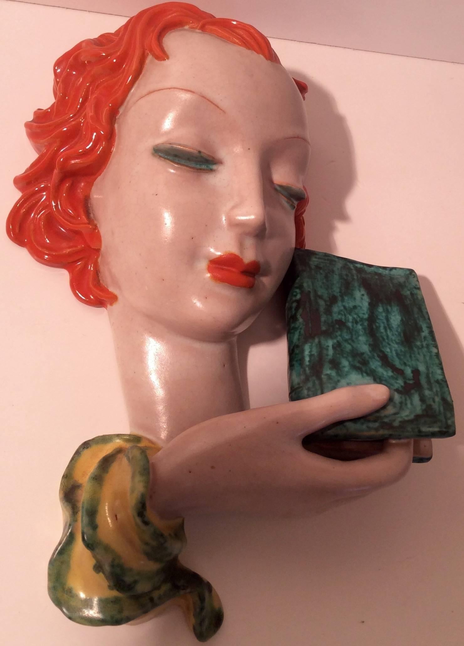 Art Deco Goldscheider Face Plaque Girl with Book