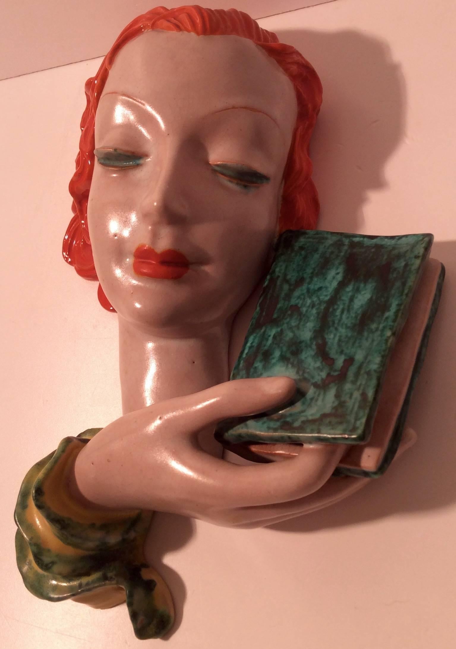 Austrian Goldscheider Face Plaque Girl with Book