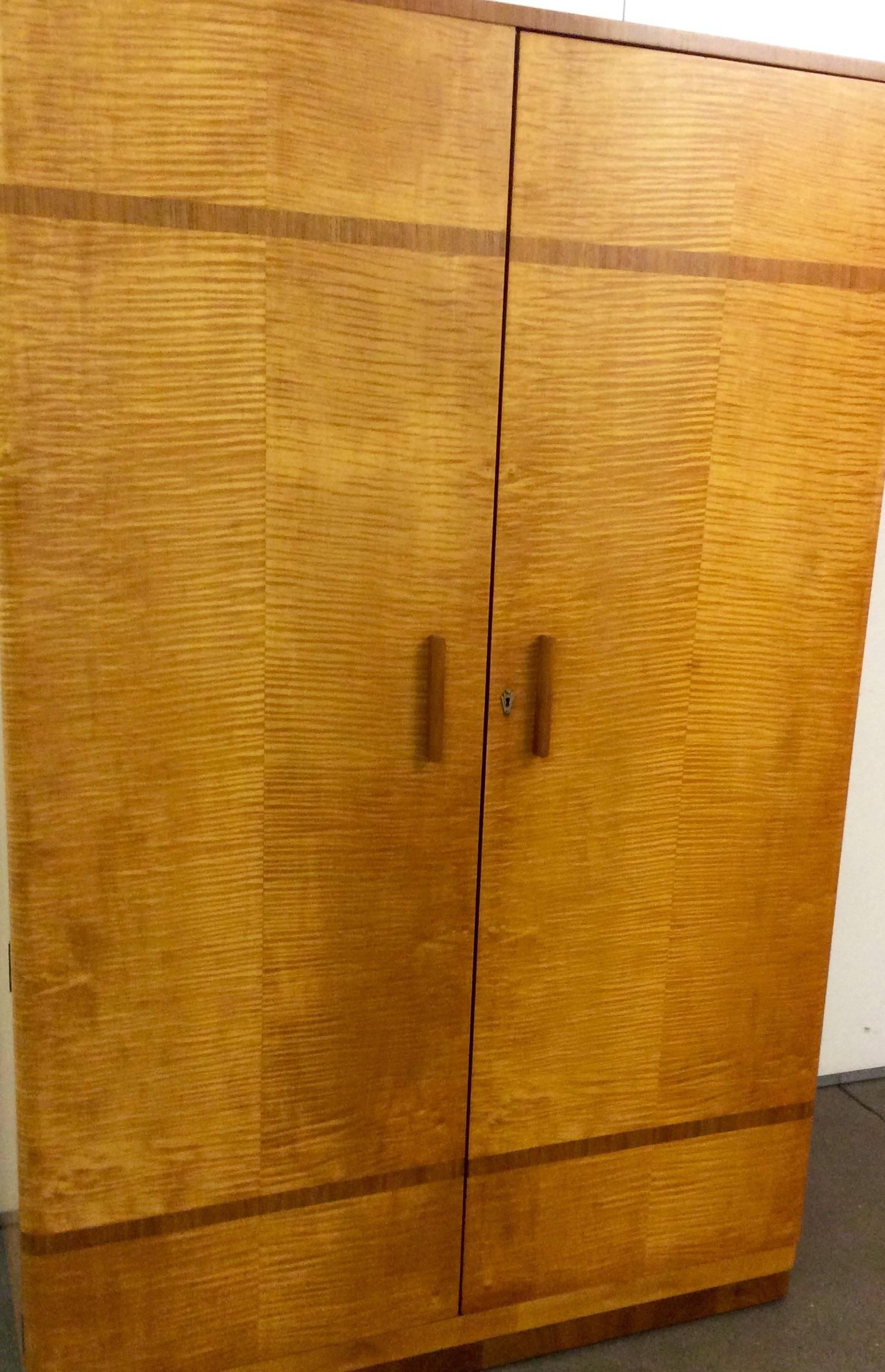 Mid-20th Century Art Deco Satin Maple Wardrobe with Walnut Banding