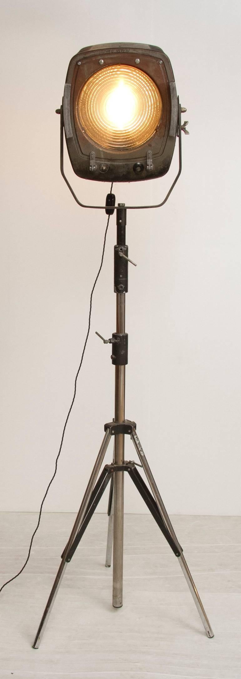 Art Deco Vintage Theatre Light from Rank Film Equipment on Telescopic Tri Pod Stand For Sale