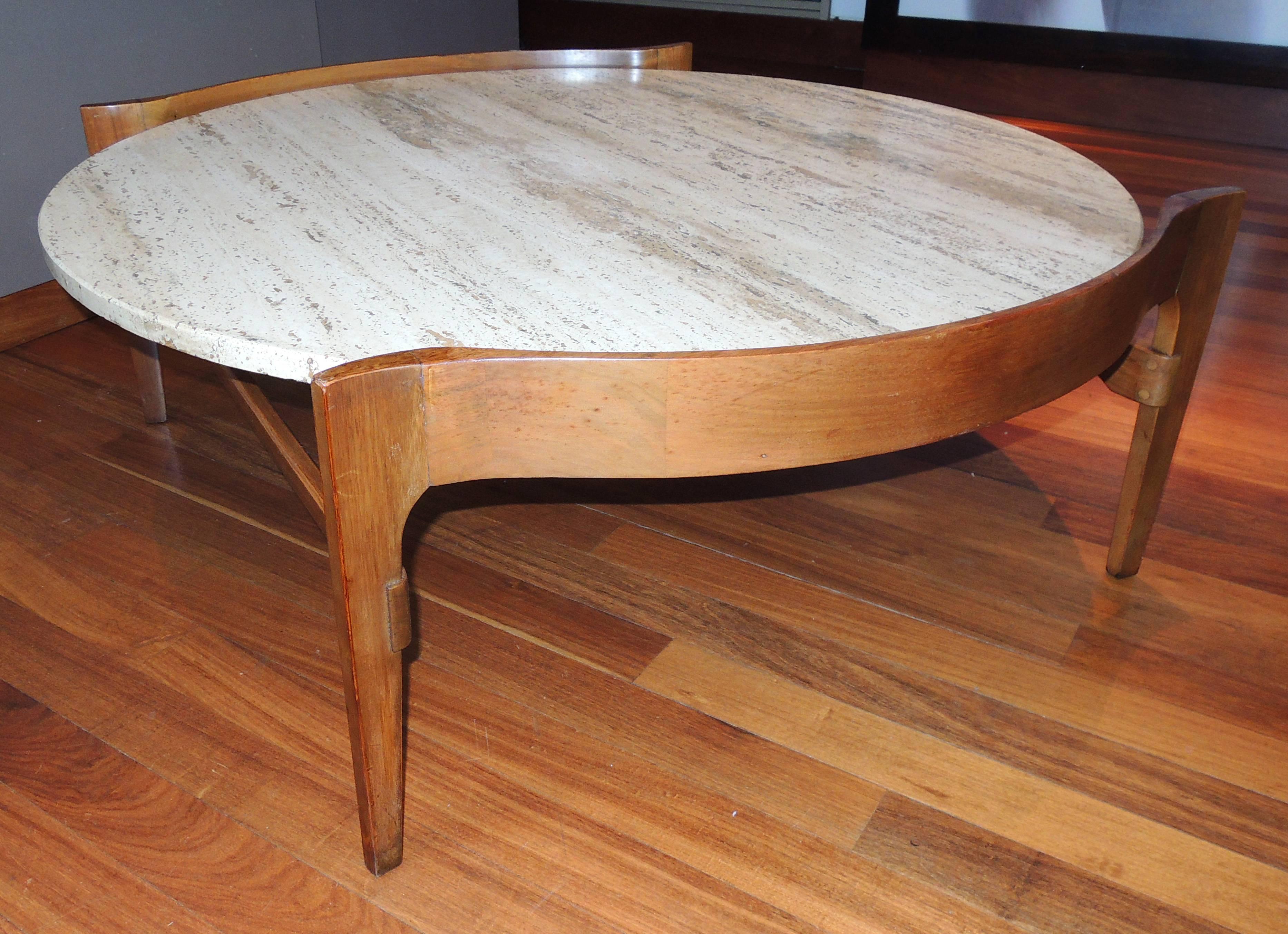 Bertha Schaefer coffee table of Italian travertine and sculptural walnut base.
Mid-Century Classic design for Gordon's Fine Furniture of Johnson City, TN.