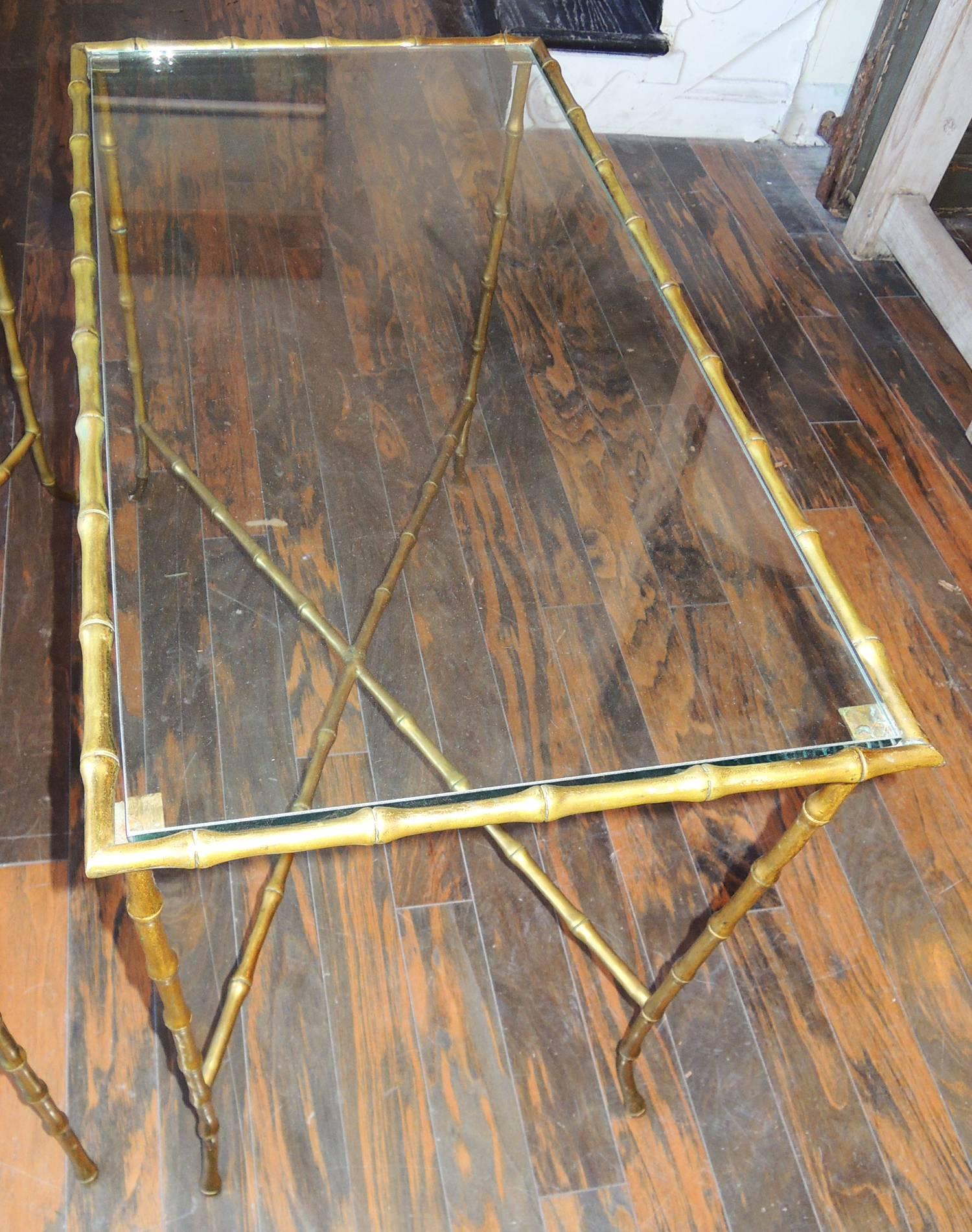 Mid-Century Modern Pair of Brass Faux Bamboo Side Tables Baguès Style
