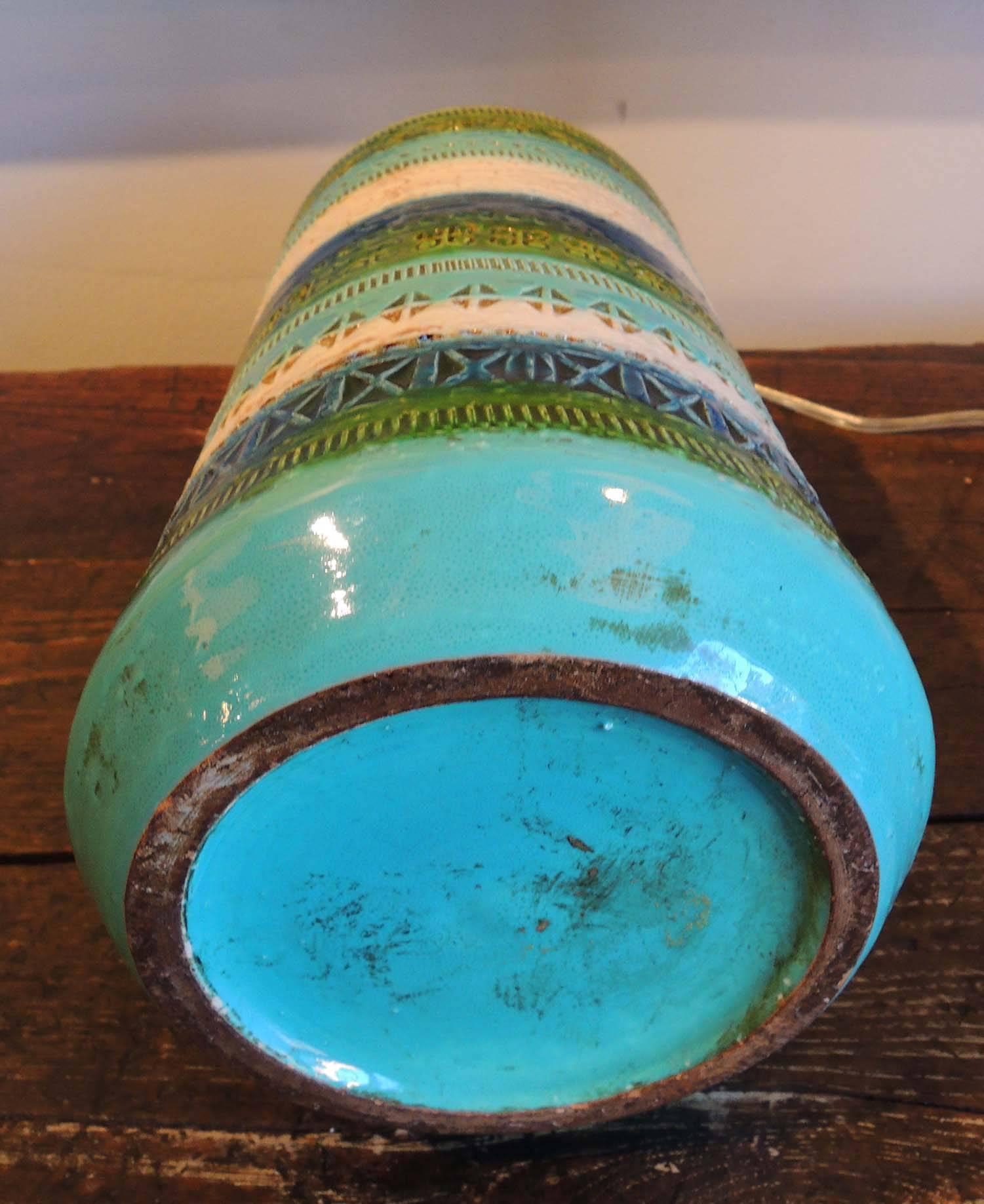 Italian Bitossi vase. Unmarked.
Striped blues, green, white with incised pattern. Excellent condition.