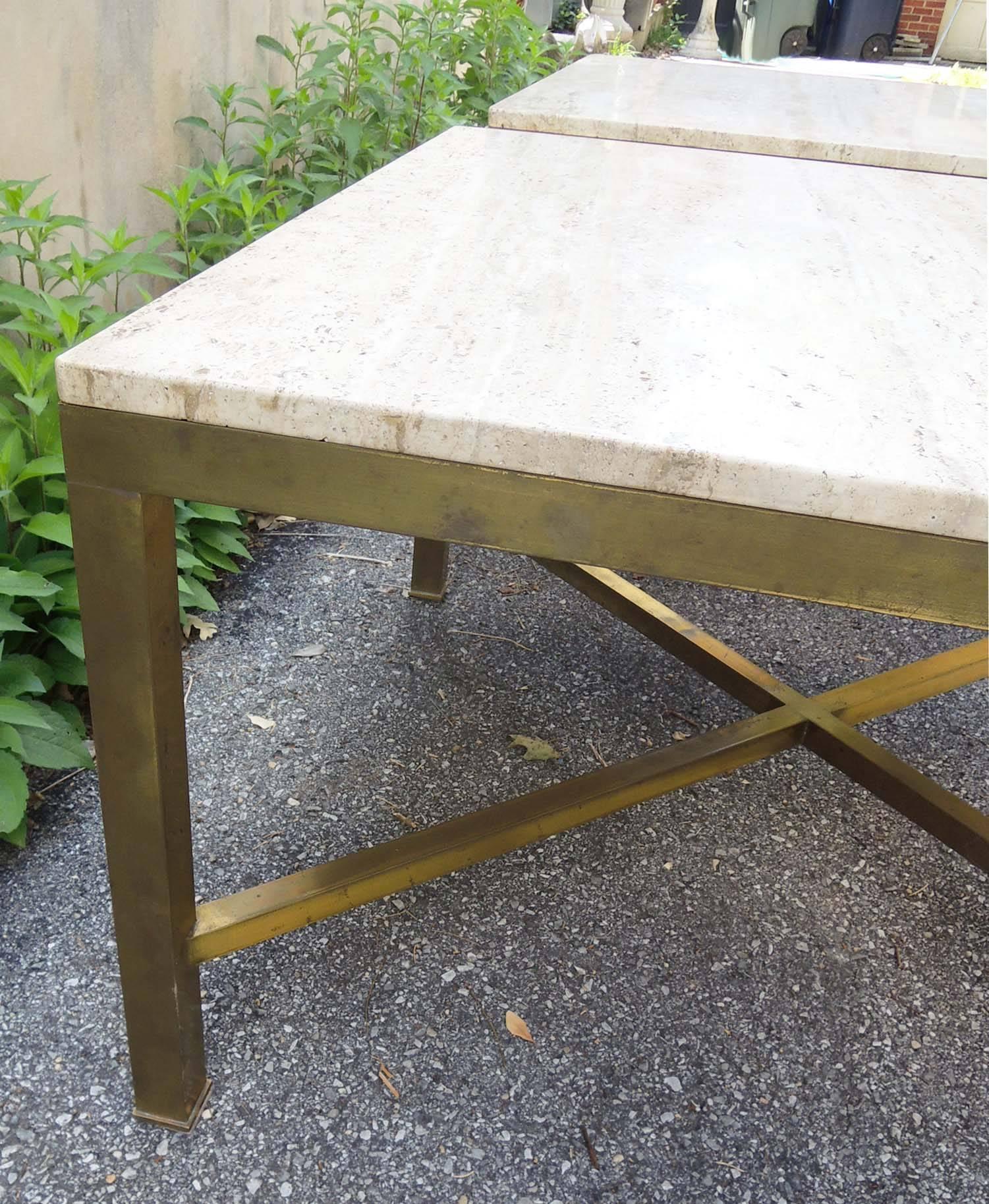 Mid-Century Modern pair of brass side tables with Italian travertine stone tops.