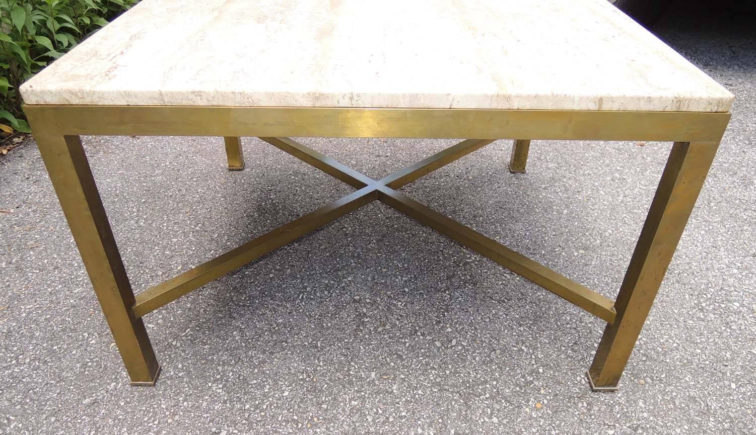 American Pair of Travertine and Brass Side Tables