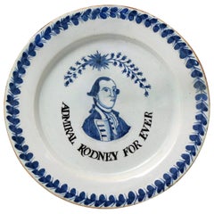 English Delftware Pottery Plate with Portrait of Admiral Rodney