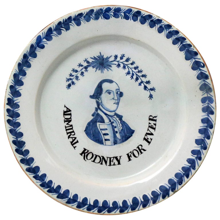 English Delftware Pottery Plate with Portrait of Admiral Rodney For Sale