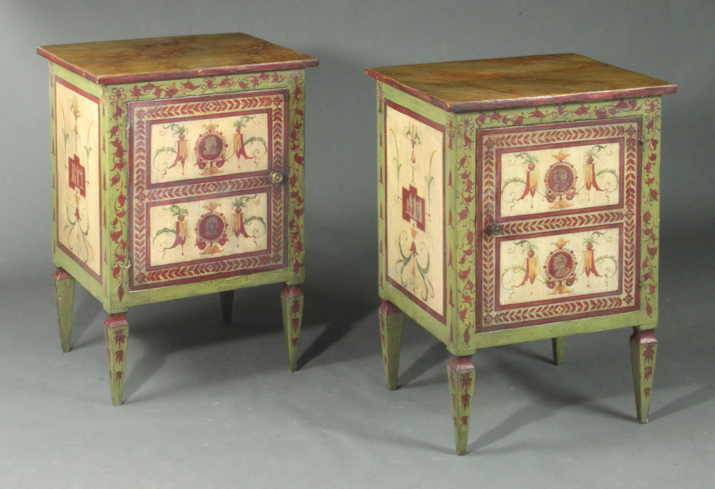 A very attractive pair of early 19th century Italian cupboards, the paint is mainly original and the doors are hinged so they open in different directions. Each has a shelf inside.

 