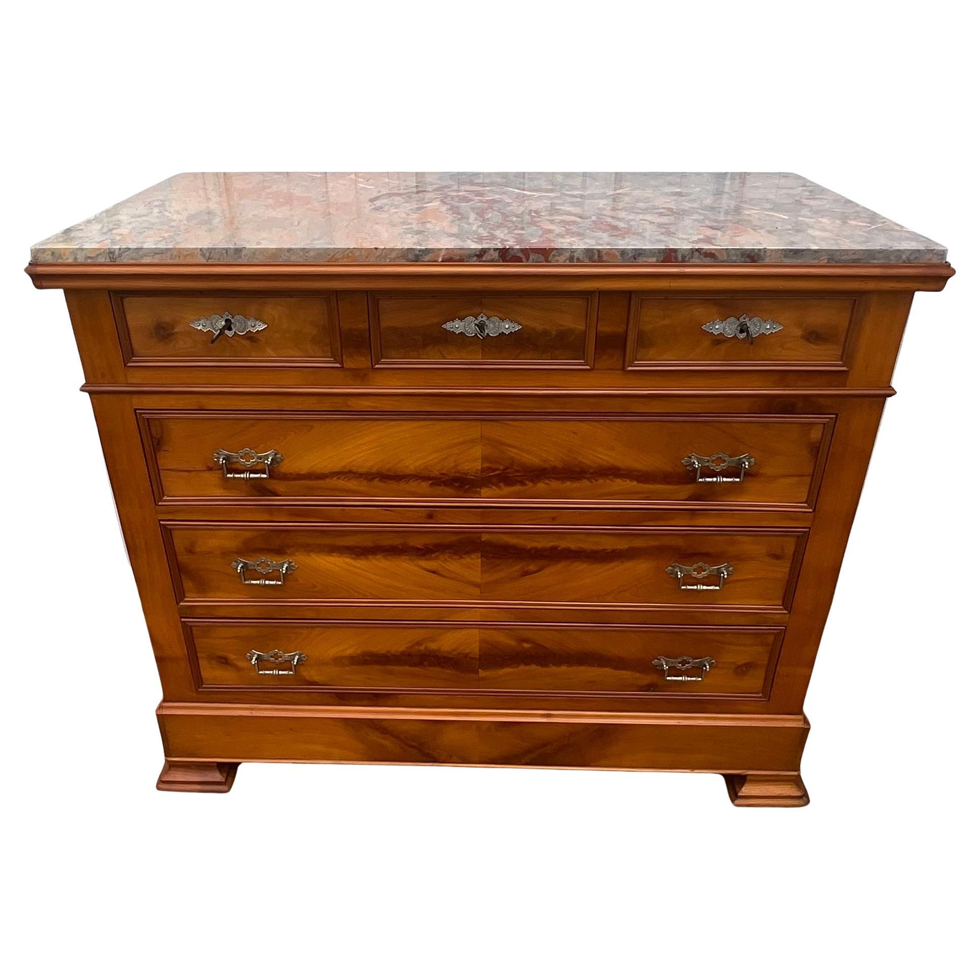 Commode Louis Philippe en ronce de cerisier avec dessus en marbre, vers 1890