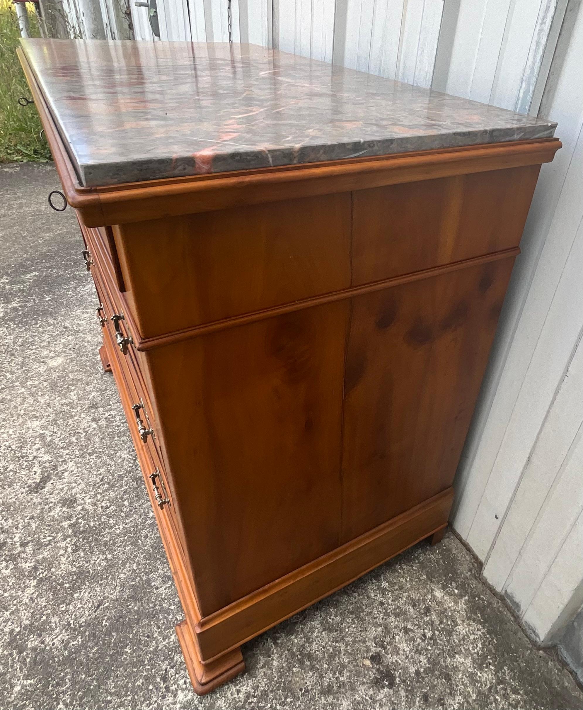 Late 19th Century Louis-Philippe Chest of Drawers in Cherry Burl with Marble Top, Circa 1890 For Sale