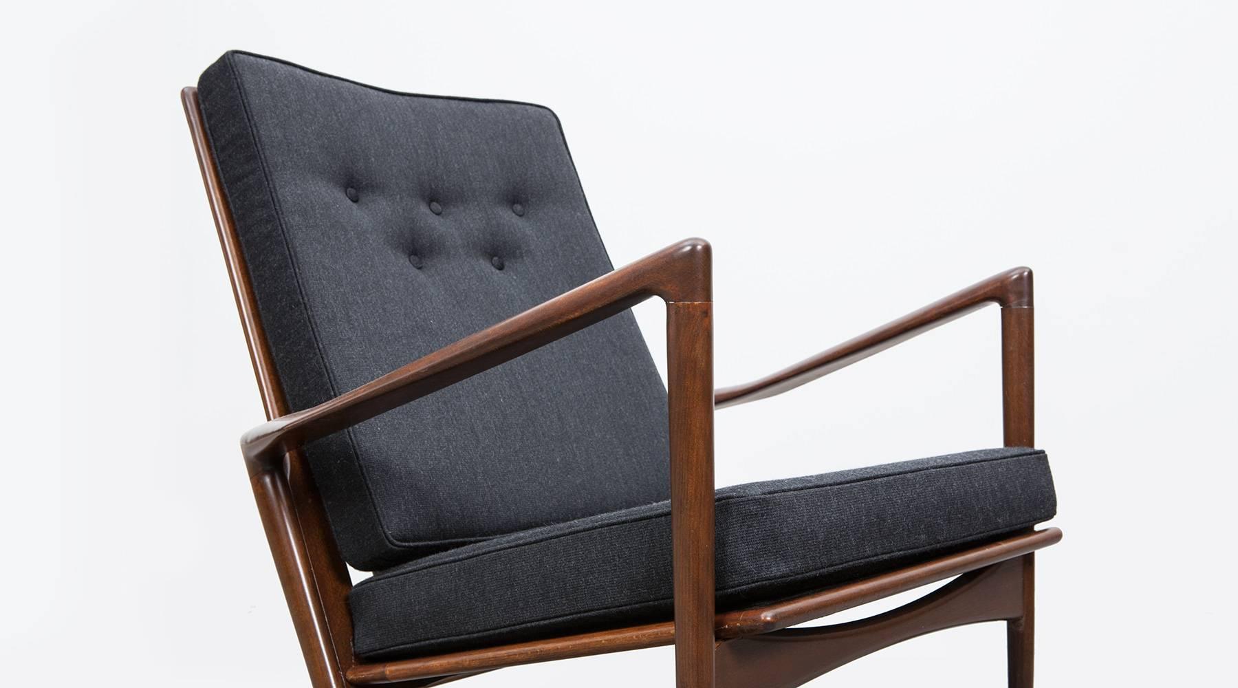 Danish 1960s Brown Walnut Frame and Upholstery Seat Rocking Chair by Ib Kofod-Larsen For Sale
