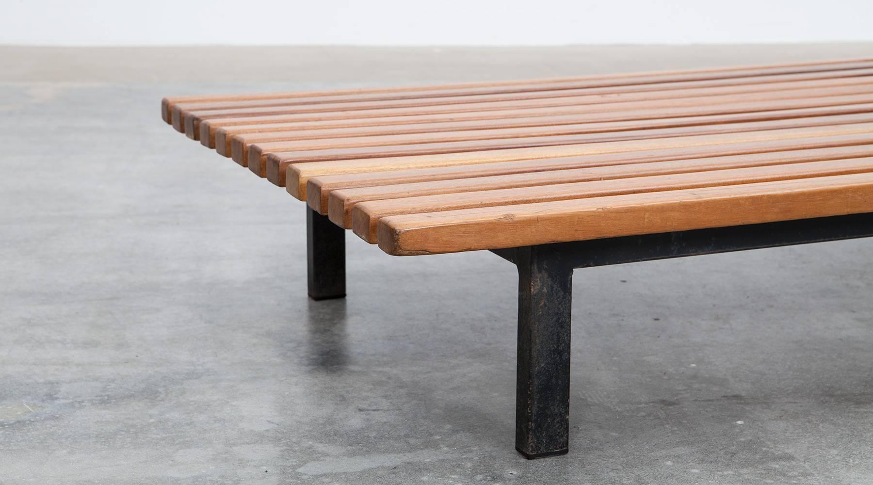 French 1950s black metal, teak Bench by Charlotte Perriand 'c'