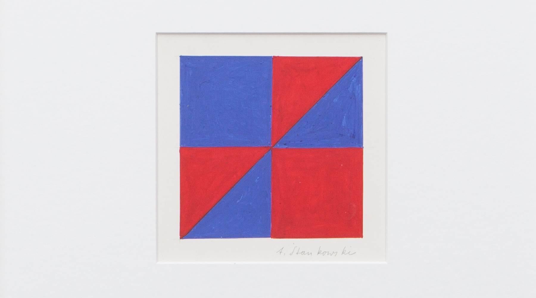 Two colored tempera on paper from German graphic-designer, photographer and painter Anton Stankowski. Signs in Red and Blue from 1978. The work is signed by the artist and comes in high quality white frame with passe-partout.
H 34 / W 34 cm. It is