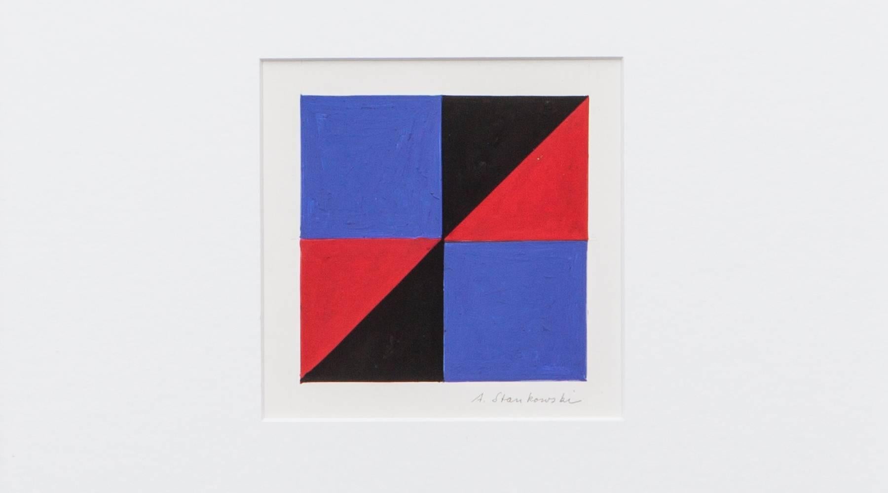 Three colored tempera on paper from German graphic-designer, photographer and painter Anton Stankowski. Signs in red, blue and black from 1978. The work is signed by the artist and comes in high-quality white frame with passe-partout.
Measures: H 34