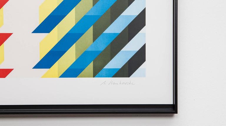 More colored serigraph on paper from German graphic-designer, photographer and painter Anton Stankowski. Graphic elements in different colors from 1977. The work is signed by the artist and comes in a black wooden frame H 83.5 / W 63.5 cm. The