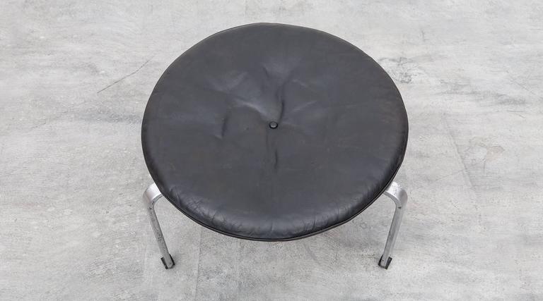 Mid-Century Modern 1950's black leather cushion, steel frame Stool by Poul Kjaerholm 'a' For Sale
