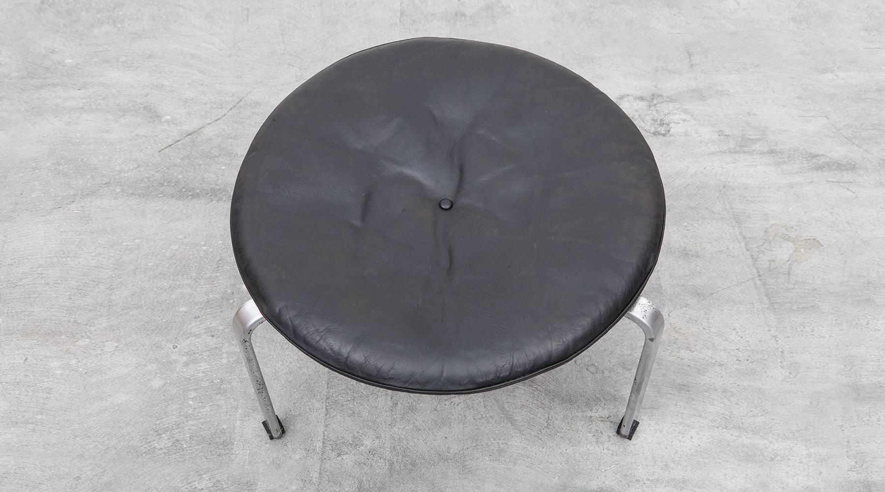 Mid-Century Modern 1950's black leather cushion, steel frame Stool by Poul Kjaerholm 'b'