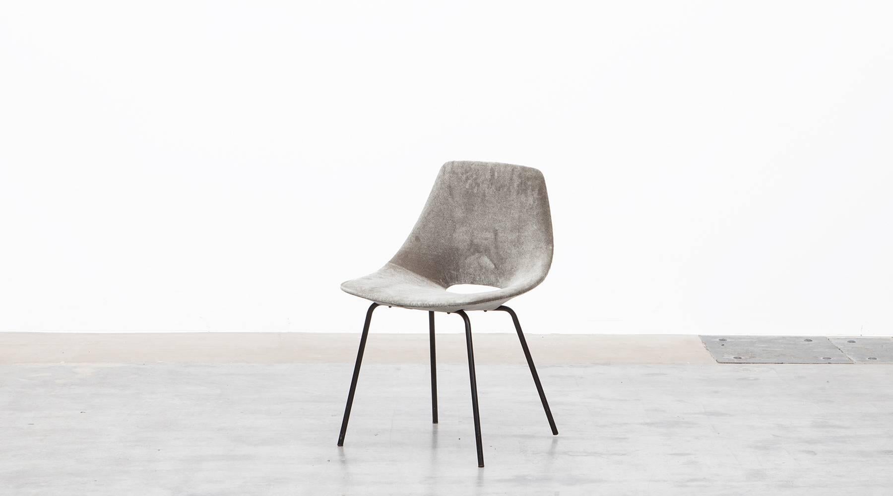 Set of six molded plywood chairs by French designer Pierre Guariche are newly upholstered in warm gray high-quality fabric with black lacquered metal legs. The chairs are from 1954 and manufactured by Steiner.

Guariche was an innovative french