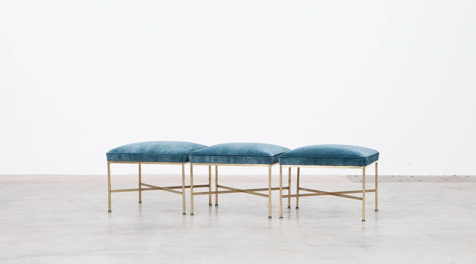 Mid-Century Modern 1950's blue upholstery, brass frame Stools by Paul McCobb *** NEW UPHOLSTERY ***