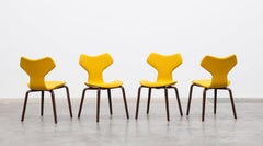1950s Yellow Upholstery, set of four Plywood Chairs by Arne Jacobsen