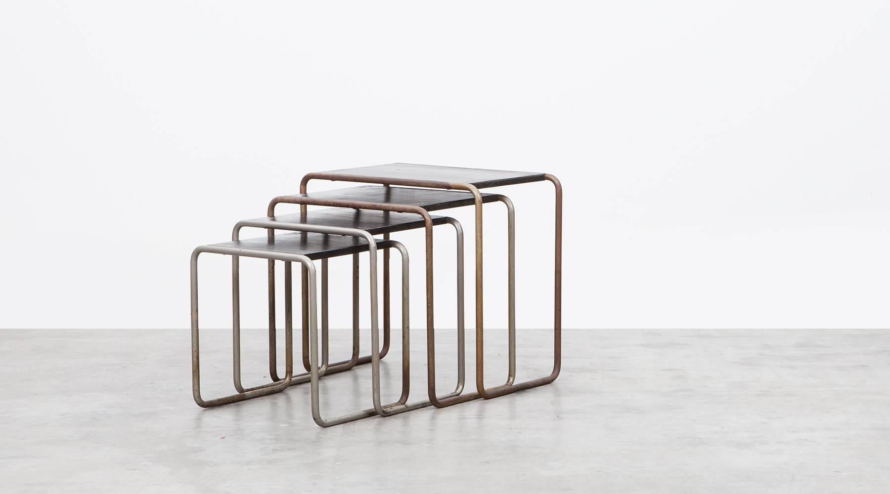 Bauhaus 1920s Black Stained Wood, Chromium-Plated Steel Nesting Tables by Marcel Breuer