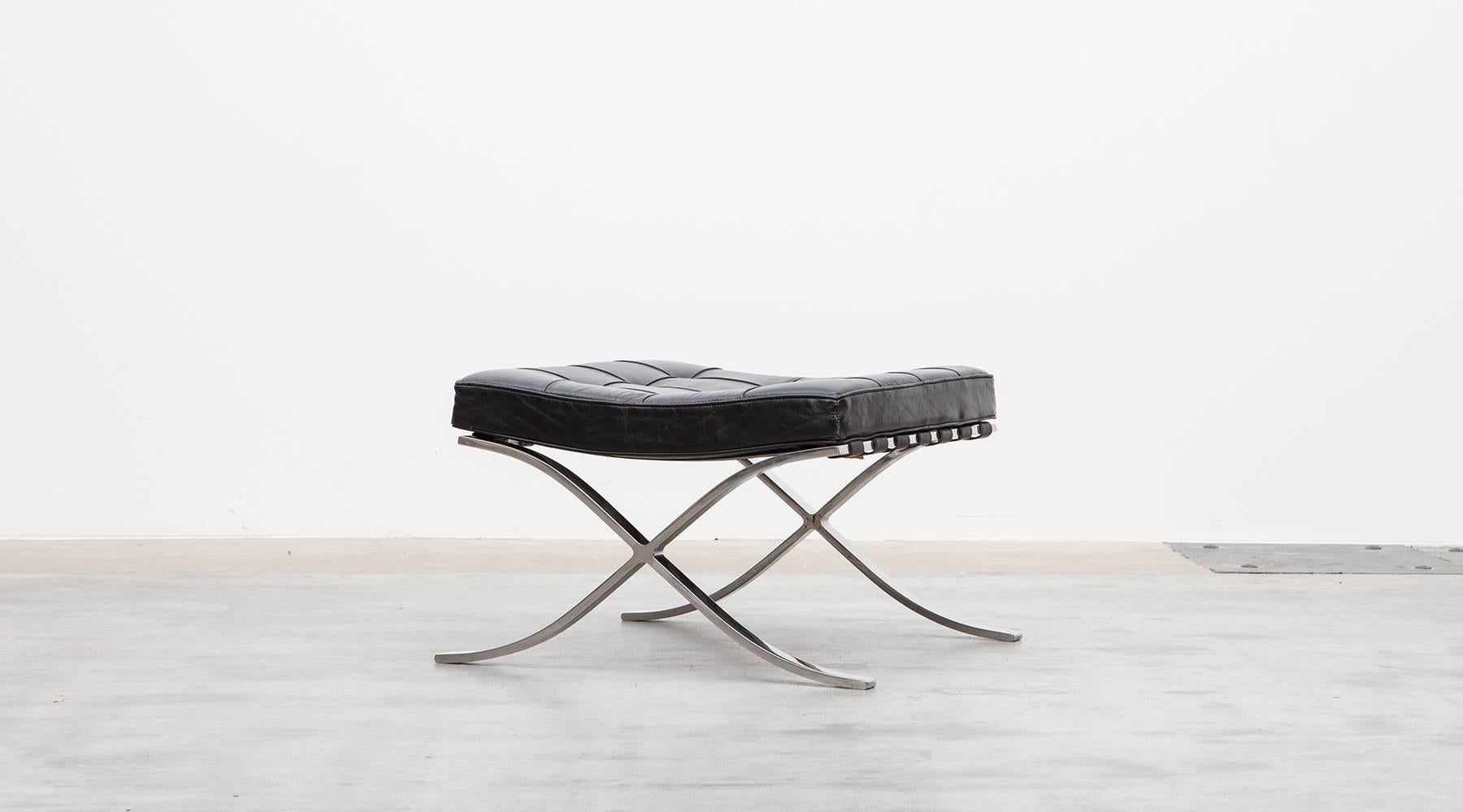 Stunning single Ottoman by famous Mies van der Rohe. Original leather cushions and straps with in very good condition and nice patina. Timeless classic, produced by Knoll International. Ludwig Mies van der Rohe is a central figure in design and