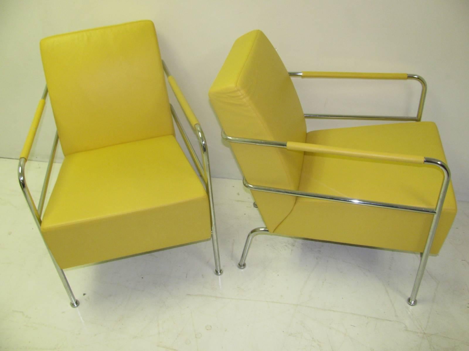 Art Deco Fabulous Pair of Mid-Century Modern Leather with Chrome Club Lounge Chairs
