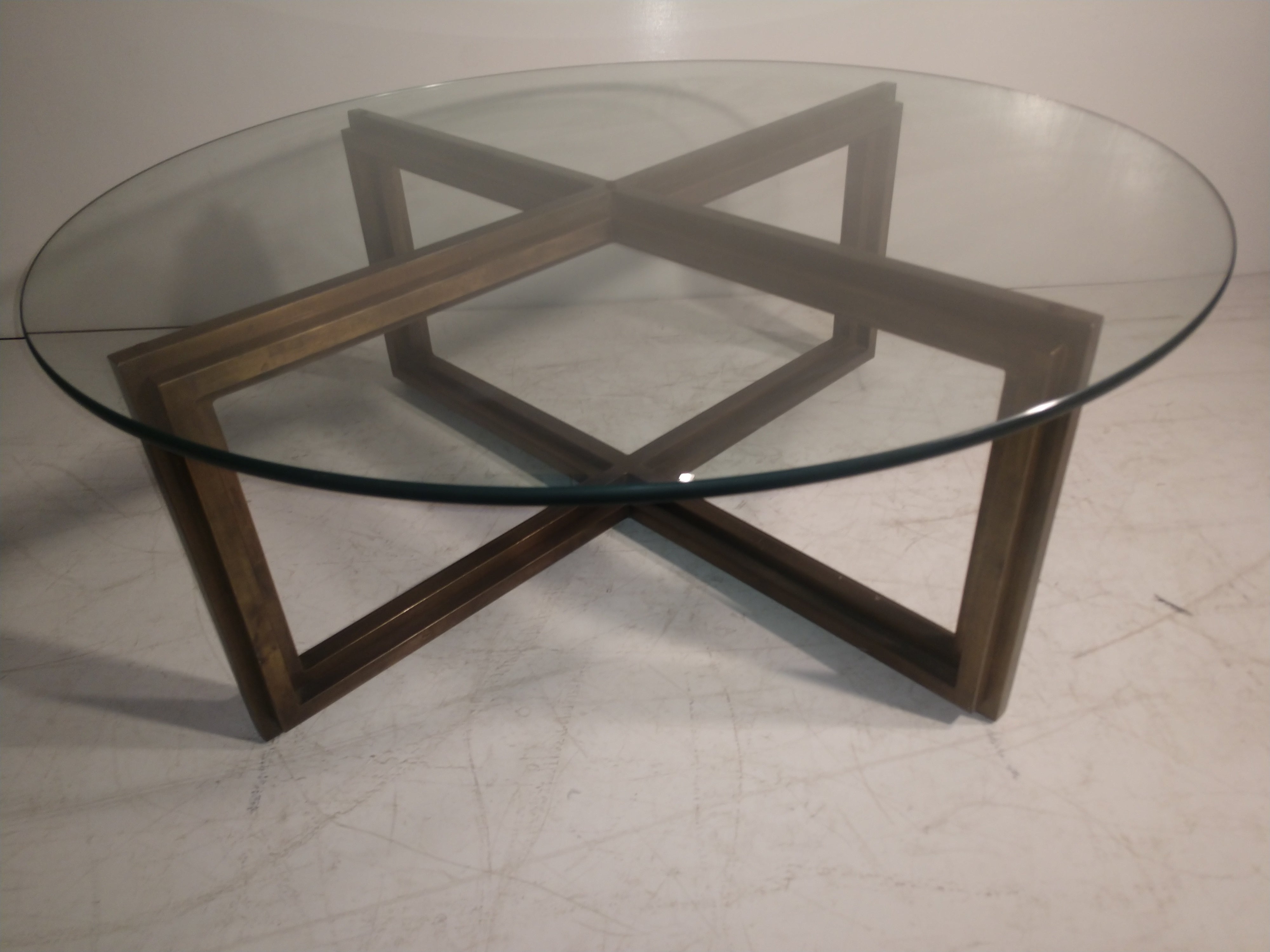 American Mid-Century Modern Bronze Architectural Base with Round Dimensional Glass Top For Sale