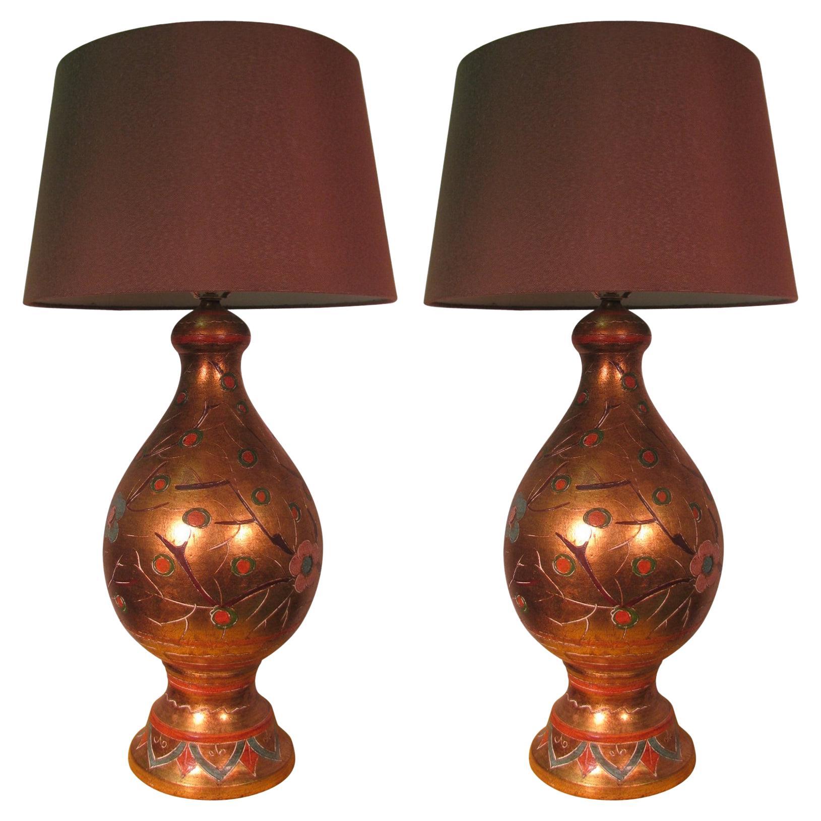 Pair of Hollywood Regency Handmade Italian Terracotta Gilt Decorated Table Lamps For Sale