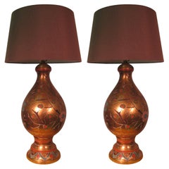 Vintage Pair of Hollywood Regency Handmade Italian Terracotta Gilt Decorated Table Lamps