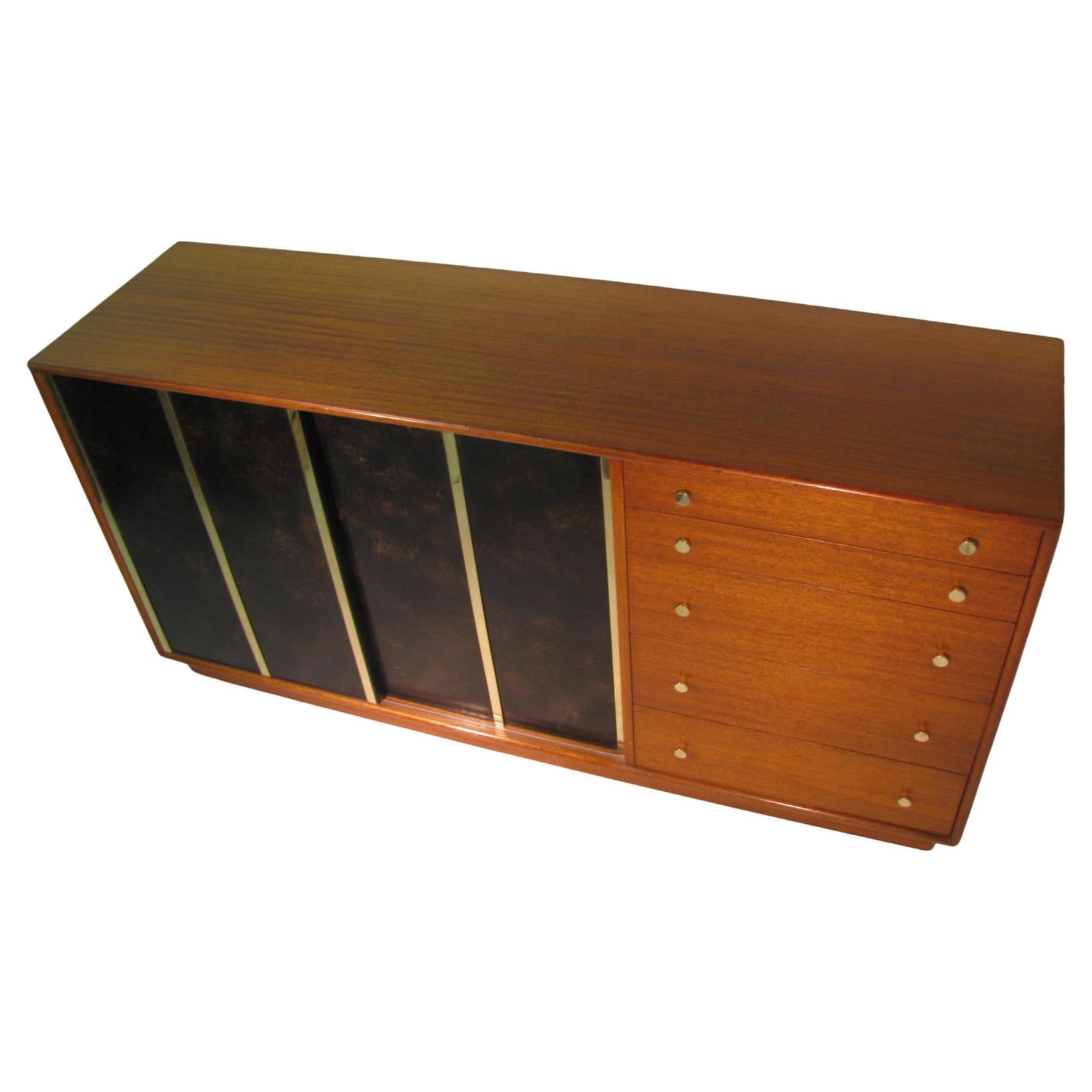 American Mid-Century Modern 5 Drawer Dresser 2 Door with Leather Brass Harvey Probber For Sale