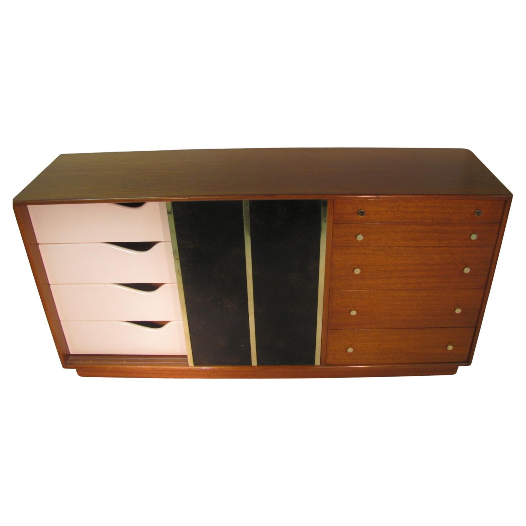 Mid-Century Modern 5 Drawer Dresser 2 Door with Leather Brass Harvey Probber For Sale