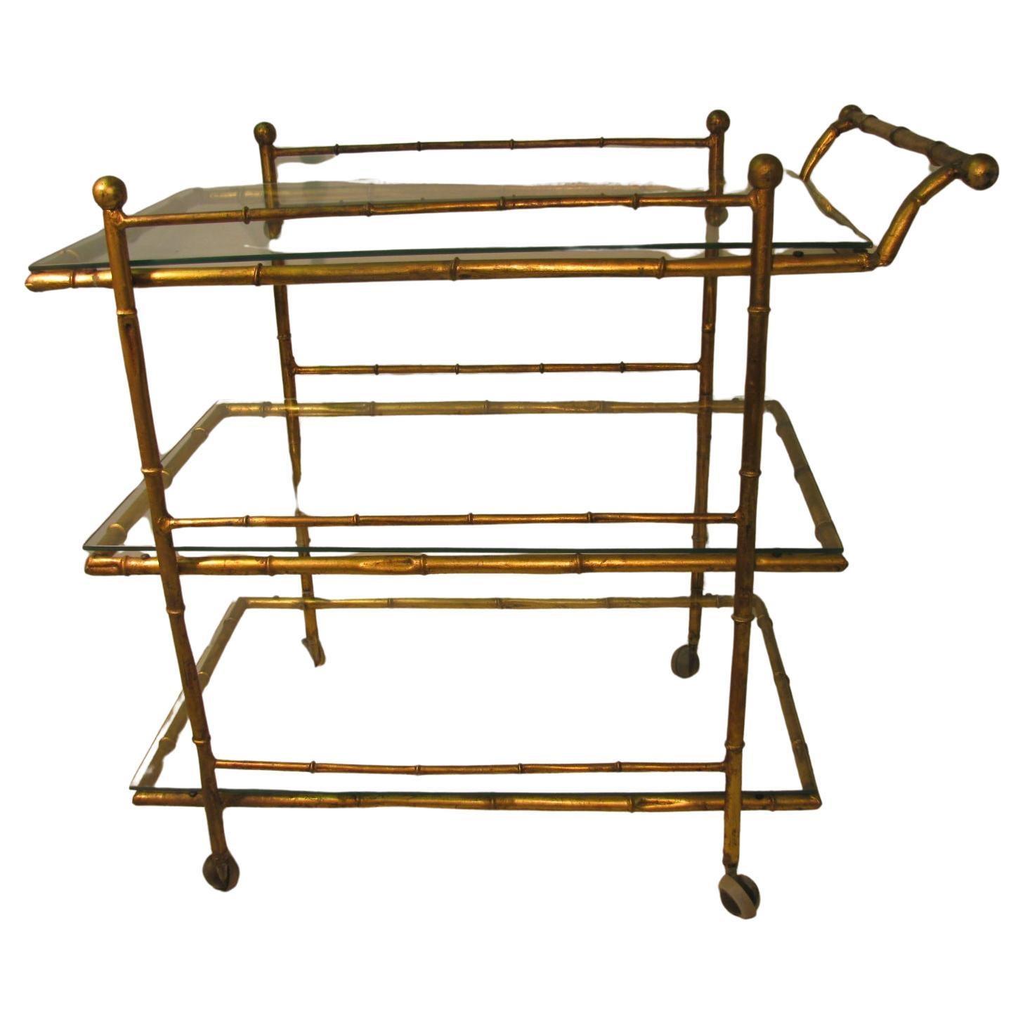 French Mid Century Gilt Faux Bamboo Three Tier Bar Cart For Sale
