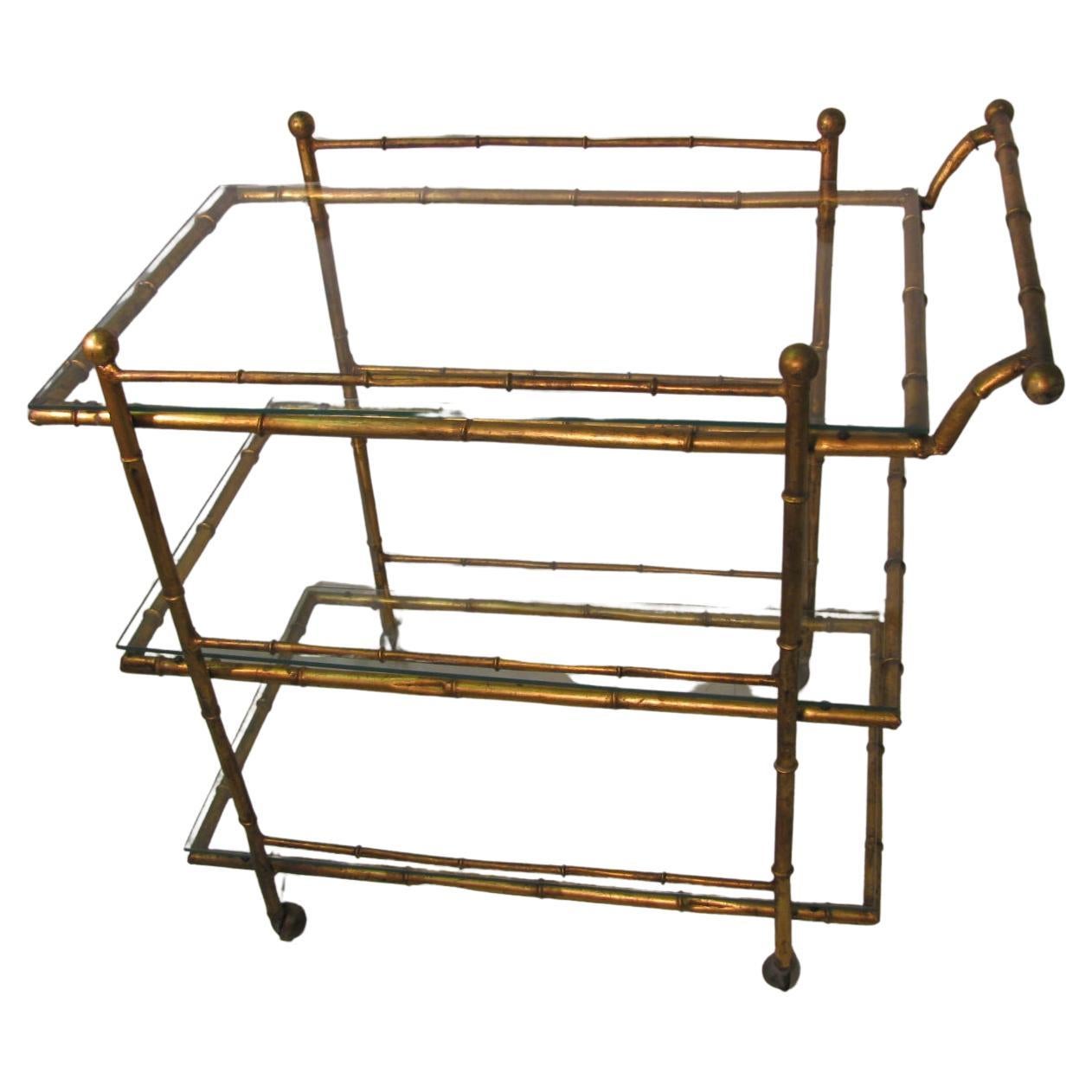 Mid Century Gilt Faux Bamboo Three Tier Bar Cart For Sale