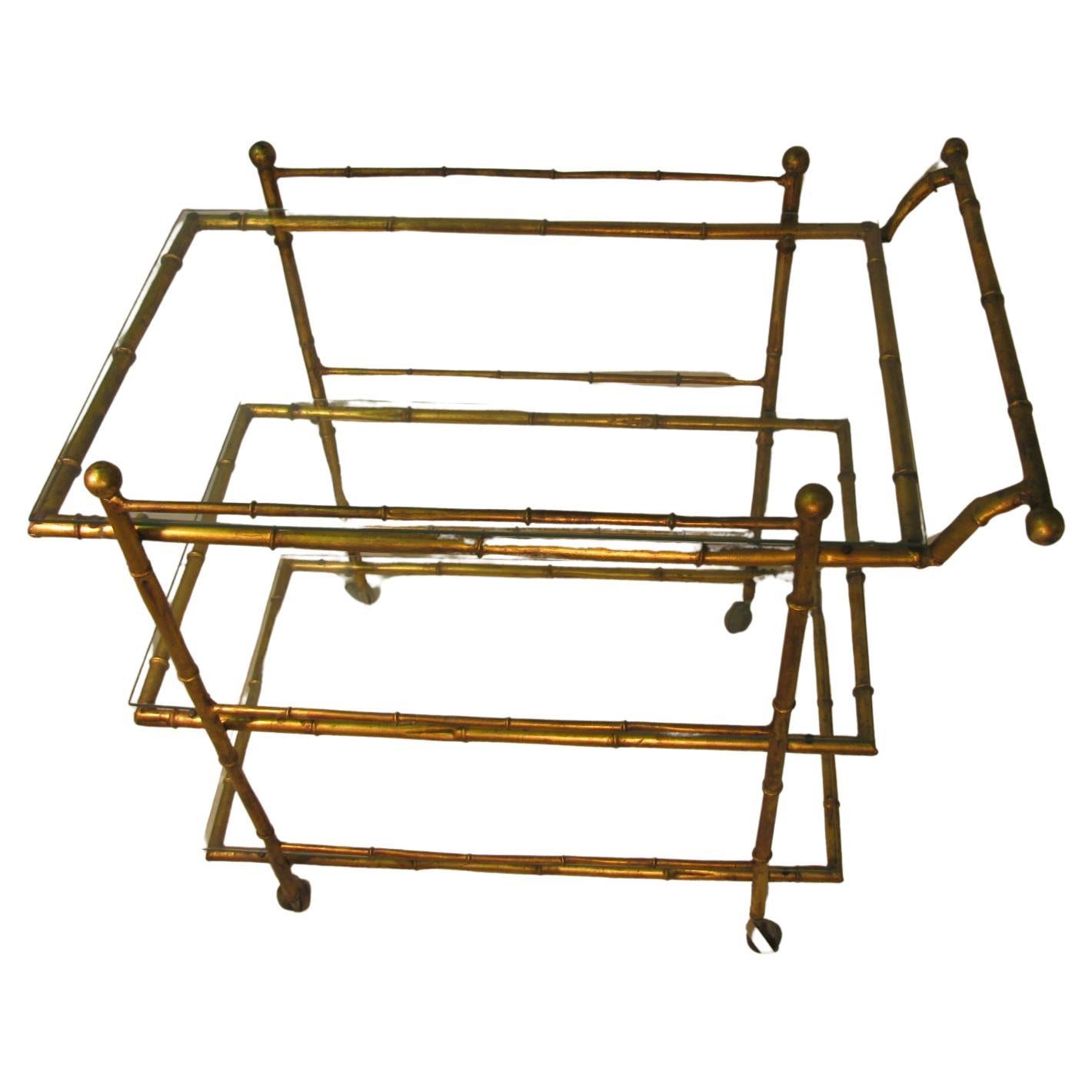 Neoclassical Mid Century Gilt Faux Bamboo Three Tier Bar Cart For Sale