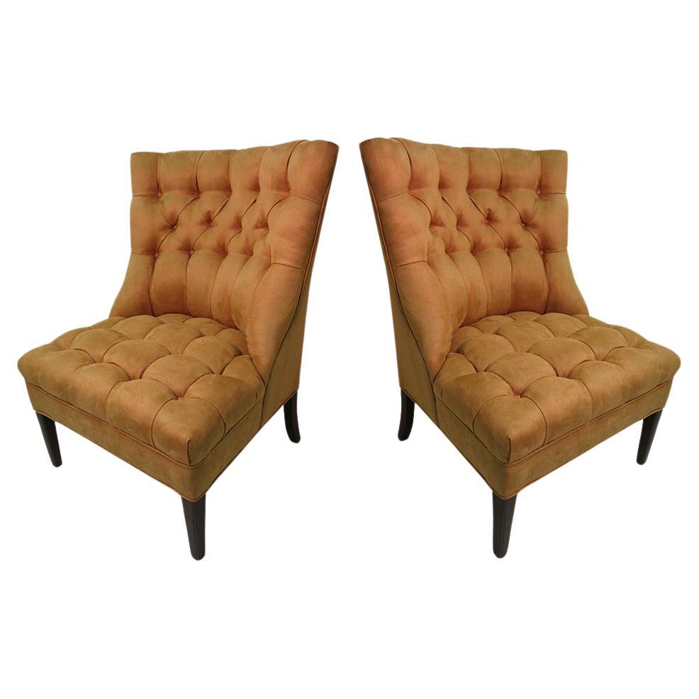 Pair of Hollywood Regency Mid Century Button Tufted Slipper Chairs
