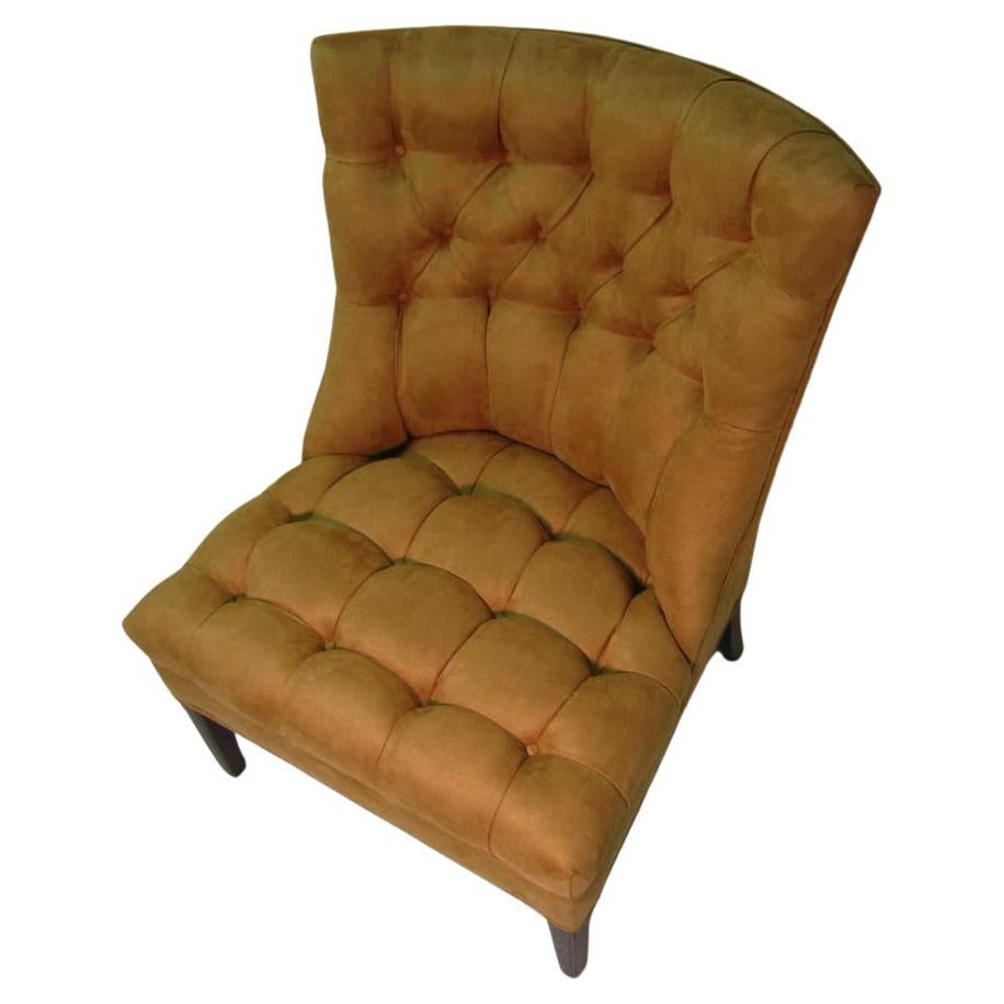 Beautifully designed and just reupholstered with camel colored ultrasuede. Great style with simplicity and comfort. In excellent restored condition with minimal wear. 