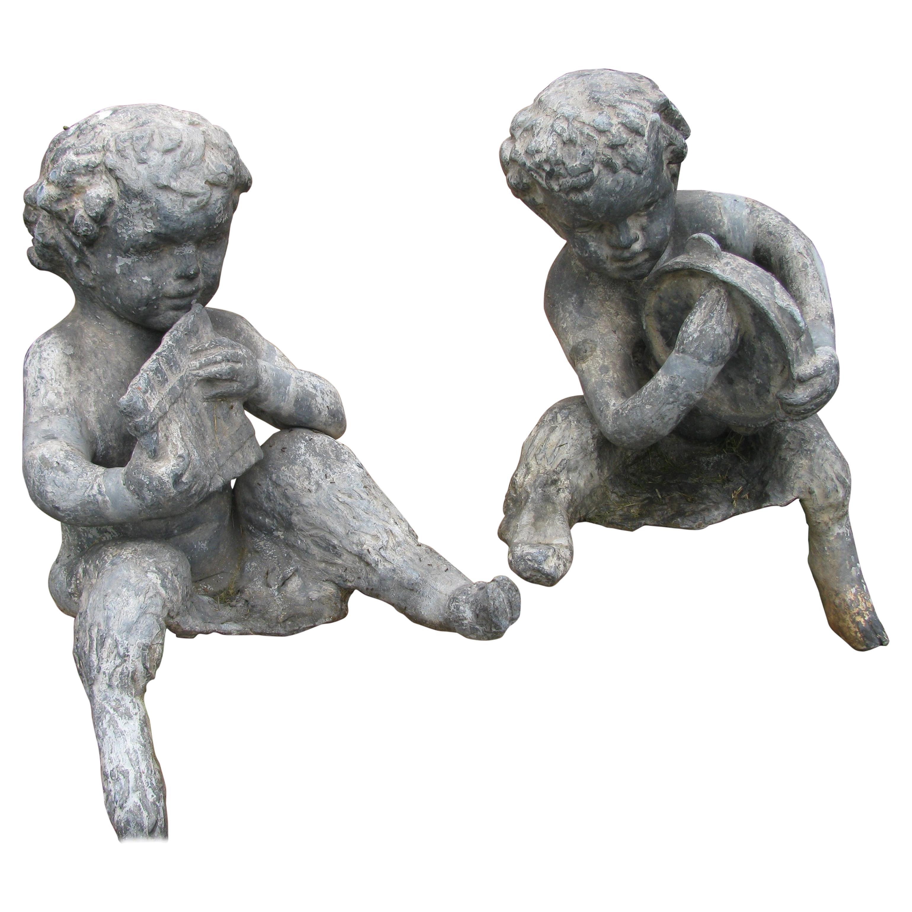 Pair of Early 20th Century Lead Zinc Garden Figures For Sale
