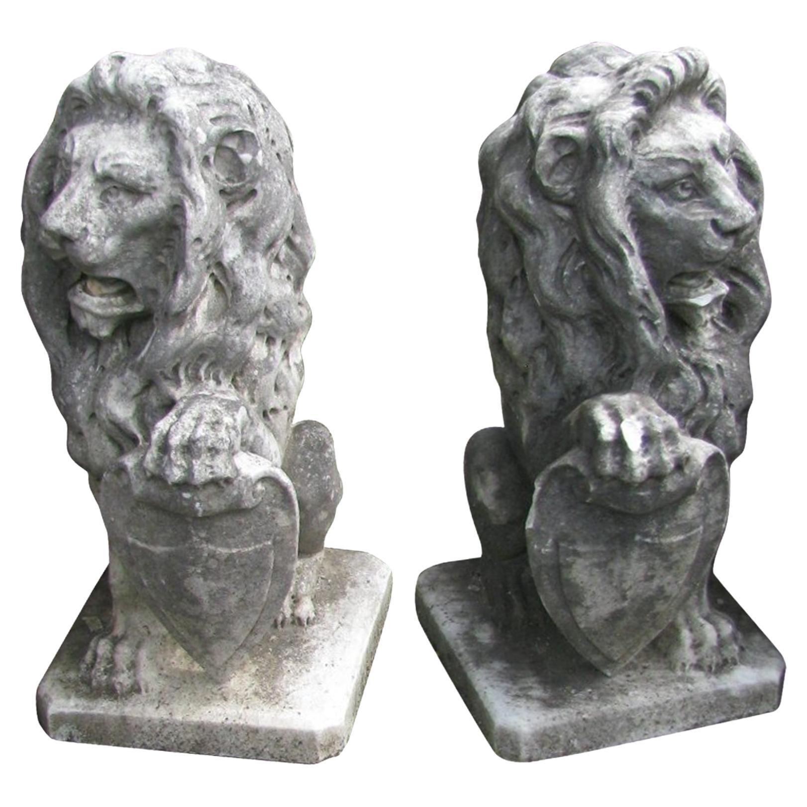 Pair of Hand-Carved 19th Century Italian Marble Lions