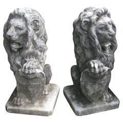 Antique Pair of Hand-Carved 19th Century Italian Marble Lions