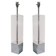 Used Pair of Mid-Century Modern Dimensional Architectural Lucite Table Lamps