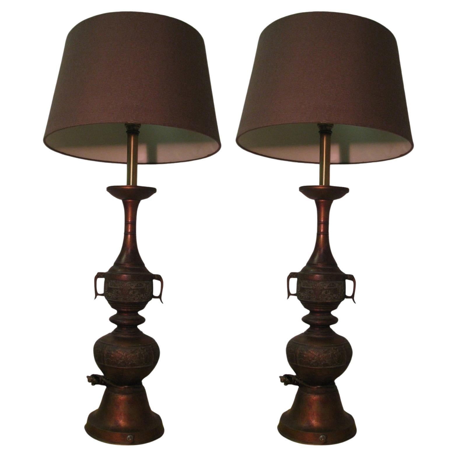 Pair of Mid Century Tall Japanese Bronze Patinated Table Lamps