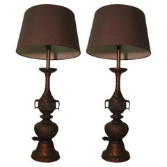 Vintage Pair of Mid Century Tall Japanese Bronze Patinated Table Lamps