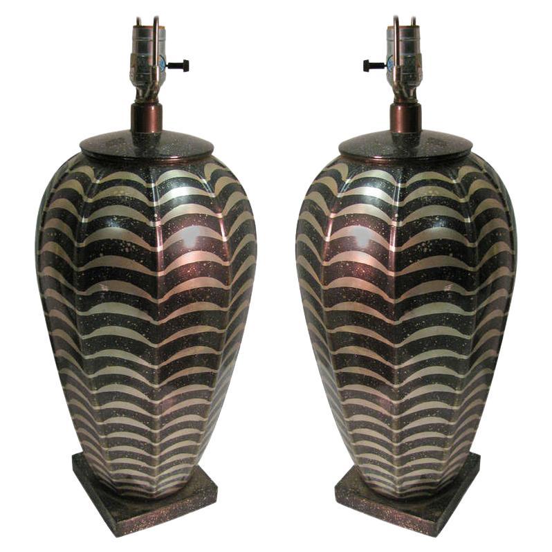 Pair of Mid-Century Modern Patinated Metal Table Lamps by Jay Spectre