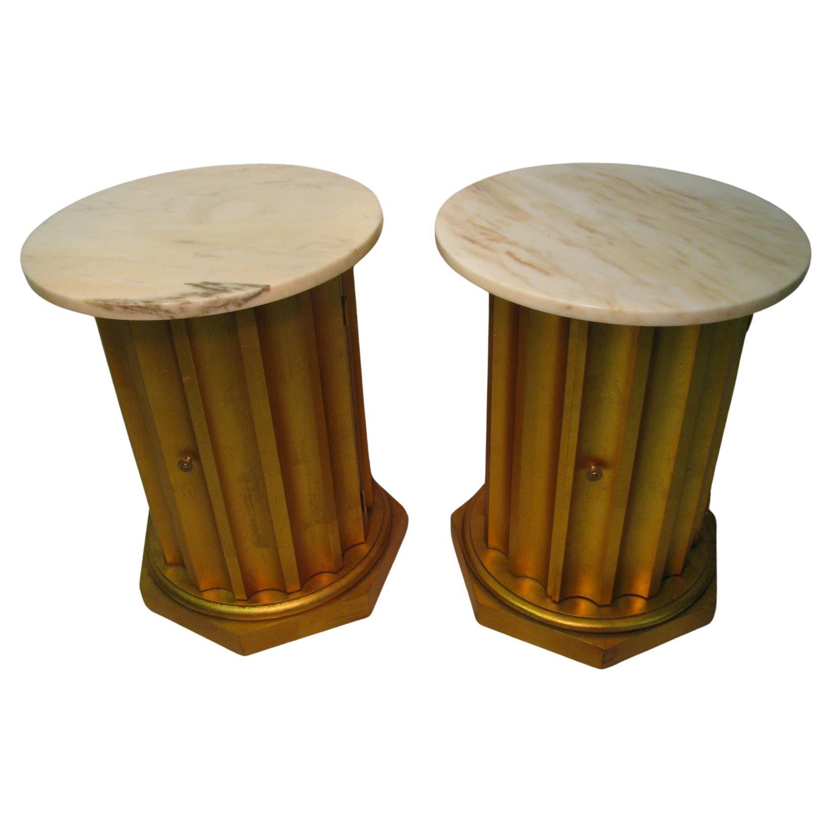 Pair of Classical Gilt Fluted Column Cabinets  Tables with Marble Tops Portugal For Sale