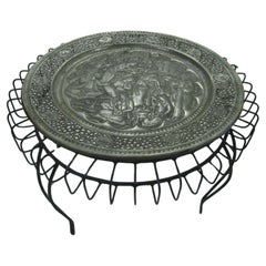 Antique Turkish Handmade Reticulated Tray on a Mid-Century Modern Side Table Base